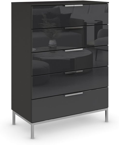 Rauch Möbel Flipp, Nachttisch für Schlafzimmer, Flur, Garderobe, 5 Schubladen, mit Softclose Funktion, Farbe Front Glas Schwarz, Breite 80 cm