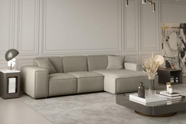 Ecksofa Designersofa CELES in Stoff Opera Velvet Creme Ottomane Rechts