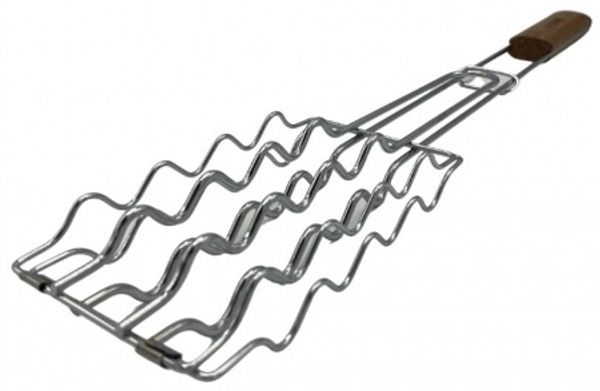 Grandhall Grillwurst Korb BBQ Sausage Grill Basket Bambus verchromter Stahlgrillkorb