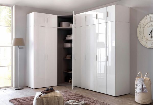 Kleiderschrank Malta Mehrzweckschrank Ausführung Weiß / Weiß Hochglanz