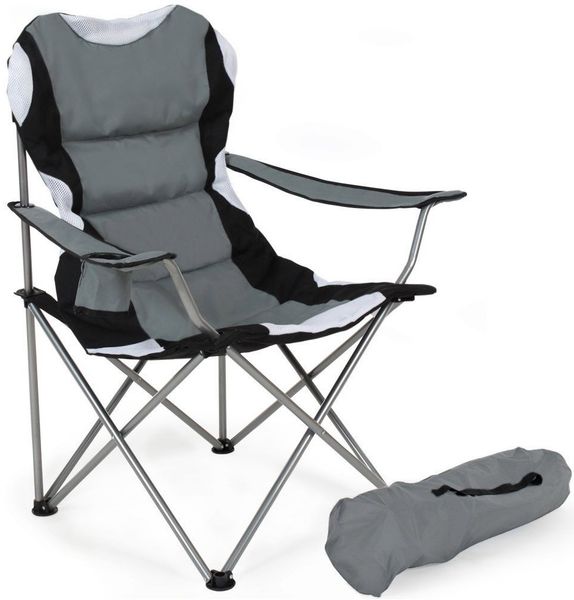 BAKAJI Folding Camping Stuhl gepolstert mit Tasche Camping Meer Stuhl Strand Angeln im Freien Stahl und Polyester mit Tür Fach Getränke und Smartphone (Grau)