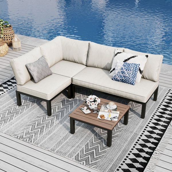 PHI VILLA Gartenlounge-Set, (Gartenmöbel Balkonmöbel Set 4 Teilig, Metall Lounge Möbel Outdoor Gartenlounge Set 4-Sitzer)