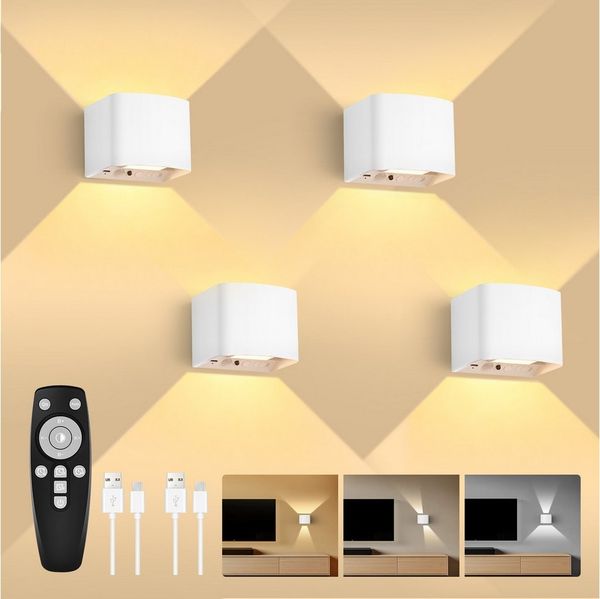 GeyouLux Wandleuchte 5000mAh Aufladbare Wandleuchte Innen, Fernbedienung & Dimmbar, LED-Lampen, LED Wandlampe mit Bewegungsmelder, 4 Stück