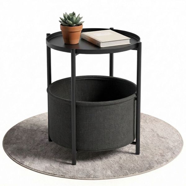 Coemo Beistelltisch NINA mit Canvas Korb und 2 Ebenen in Schwarz Tischplatte als Tablett nutzbar