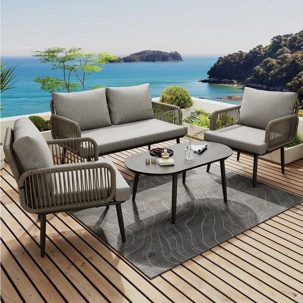 Celya Gartenlounge-Set Gartenlounges Balkon, Gartenmöbel Lounge Set mit Sofa, (handgeflochtenes Seil, Glasplatte in Holzmaserung-Stil, verzinkter Stahl, Grau), bequemen Kissen, 2-Sitzer-Sofa, 2 Sessel und Couchtisch