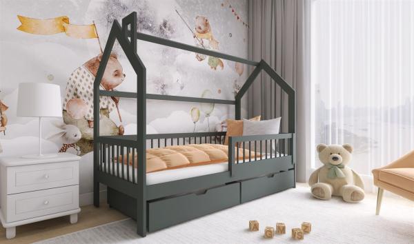 Hausbett Kinderbett NIKOLE 200x90cm Kiefer Massiv Grafit inkl. Rollrost