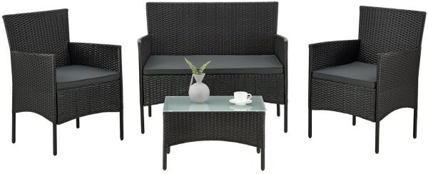 Juskys Polyrattan Gartenmöbel-Set Fort Myers schwarz – Sitzgruppe mit Tisch, Sofa & 2 Stühlen - Balkonmöbel für 4 Personen mit grauen Auflagen