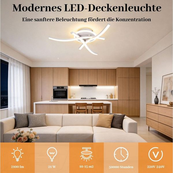 BlingBin LED Deckenleuchte 3 Flammig Modern Schlafzimmerlampe 21W Wohnzimmerlampe, Memory-Funktion, LED fest integriert, Warmweiß, Kaltweiß, Neutralweiß, Wellen Design Küchenlampe Innen Flurlampe für Wohnzimmer Küche