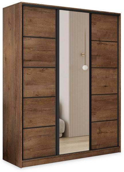 Masseno Schwebetürenschrank PINA 150 cm Kleiderschrank mit Spiegel 3 Türen Eiche Lefkas