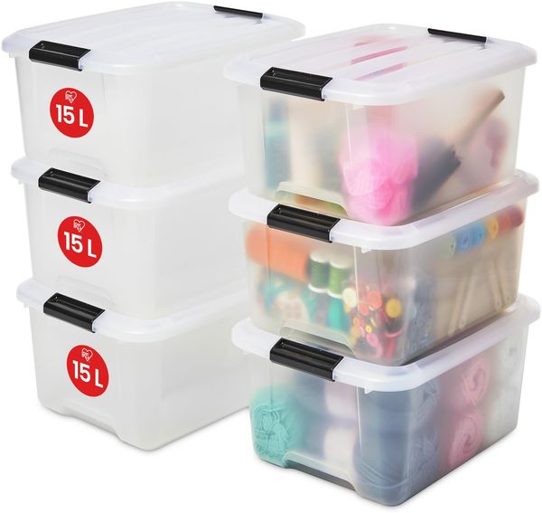 Iris Ohyama Aufbewahrungsbox mit Deckel, 15L, 6er-Set, Transparent, Schnappverschlüsse mit Griffen, Stapelbar, Stark & Langlebig, Für Kleidung, Garage, Zuhause, Büro, Plastikbox, Lagerung TB-15