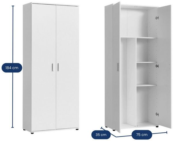 Home Collective Mehrzweckschrank 75 cm breit mit Einlegeböden 75x35x184 cm (BxTxH) Weiß mit 2 Einlegeböden und Fach für Staubsauger