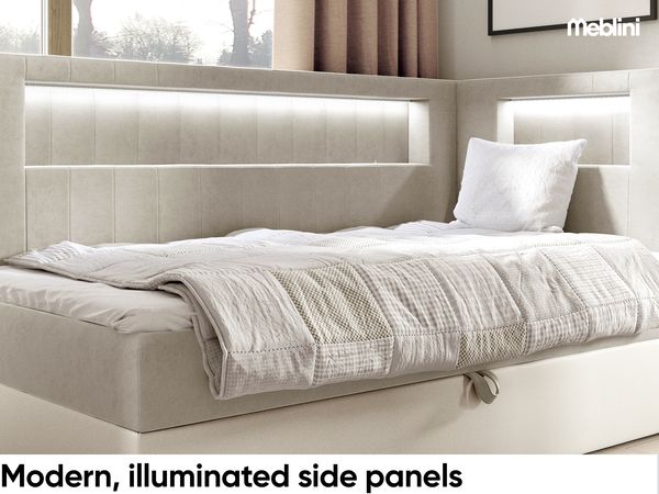 MEBLINI Kinderbett mit Bettkasten GARETH 3 100x200 Rechts - H3/Beige Samt Gepolstert Einzelbett mit Matratze - Polsterbett mit Stauraum - Bett mit Kopfteil – Stauraumbett Bild 3