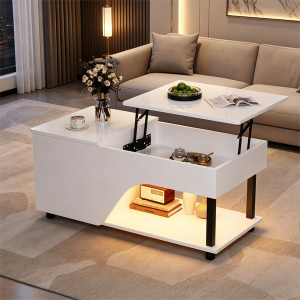 Merax Höhenverstellbarer Wohnzimmer-Couchtisch, Beistelltisch mit verstecktem Stauraum, Durchbrochener kaffetisch, Hochglänzender LED-Sofatisch, Teetisch mit seitlicher Ablage, Weiß
