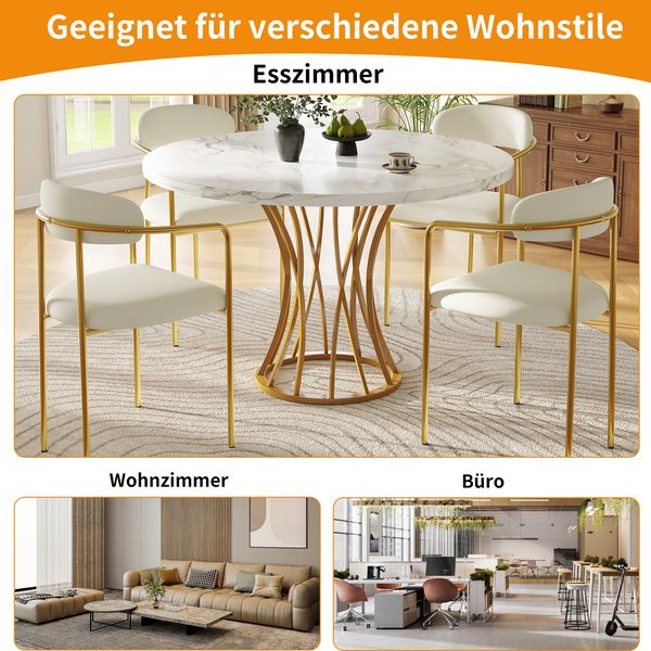 Runder Esstisch 80x80 cm in Marmordekor mit MDF-Tischplatte, stabilem Metallgestell, moderner Küchentisch, 76cmx80cmx80cm, Weiß+Gold