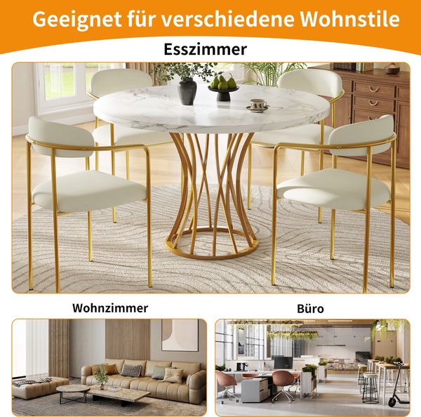 Runder Esstisch 80x80 cm in Marmordekor mit MDF-Tischplatte, stabilem Metallgestell, moderner Küchentisch, 76cmx80cmx80cm, Weiß+Gold