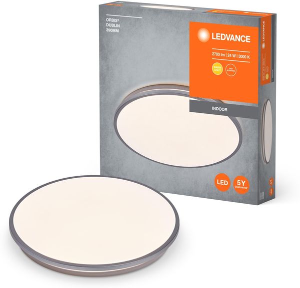 LEDVANCE ORBIS DUBLIN LED-Deckenleuchte 390mm, silber, 24W, 2700lm, warmweiße Lichtfarbe, sehr homogene Lichtverteilung, lange Lebensdauer, fest verbautes LED-Modul, rund, IP20 Schutzklasse, 3000K