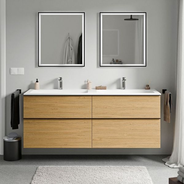 Bernstein Waschbeckenunterschrank LAVOA 160cm Eiche honiggold CREAM Weiß matt Unterschrank mit Doppelwaschbecken 4 Schubladen