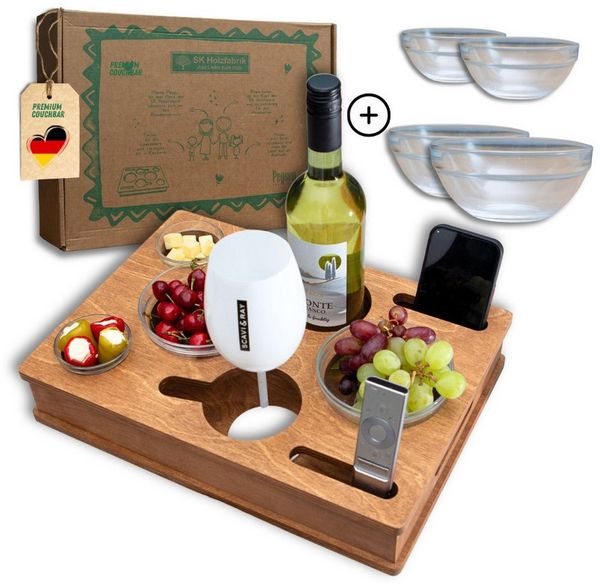 PEGSEN Servierplatte All in One Couchbar Sofatablett mit 4 Snackschalen, Birkenholz, (Set, 5-tlg, abnehmbarer Deckel, mit 4 lebensmittelechten Glasschalen), passend für Kaffeetassen, Weingläser, 0,5L Bierflaschen