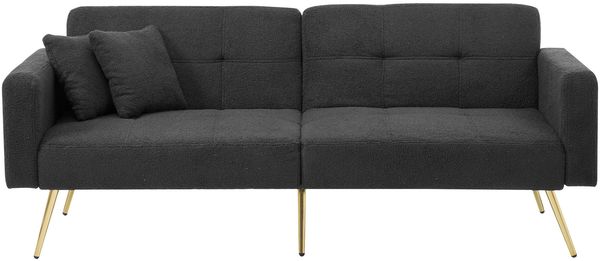 Flieks Schlafsofa mit Bettfunktion, 2-Sitzer Sofa, verstellbare Rückenlehne, goldene Beine, 2 Kissen & Seitentaschen, Teddy Stoff, Grau