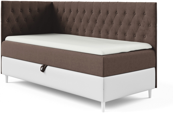 MEBLINI Kinderbett mit Bettkasten FILIPPO 3 90x200 Links – H3/Braun Samt Gepolstert Einzelbett mit Matratze - Polsterbett mit Stauraum - Bett mit Kopfteil – Stauraumbett