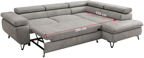 MKS Möbel 'Pablo L-Form' Ecksofa mit Schlaffunktion, verstellbare Kopfstützen, Hellgrau, Samt, ohne Topper, Rechts Bild 7