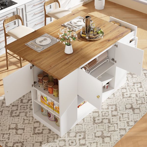 Moderne Kücheninsel weiß 140x70x90 cm mit Ausziehtisch, Schubladen & Regalen aus MDF