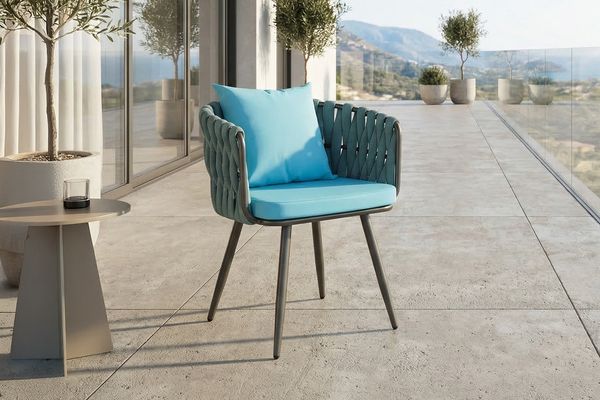 KAWOLA Gartenstuhl LUSHA Outdoor grau Rope türkis mit Kissen 78 x 63 x 62 cm