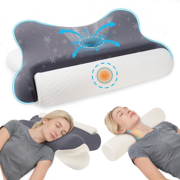 Nackenstš¹tzkissen Kopfkissen, 2 in 1 Kissen mit Nackenrolle, Ergonomisches Memory Foam Kissenbezug besteht aus 18% Elasthan und 82% Nylon