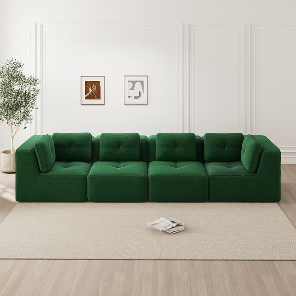 Flieks 4-Sitzer Modulares Sofa, Cloud Sofa Cord rahmenlos, Lounge Sofa bodennah, mit breiten Armlehnen, Grün