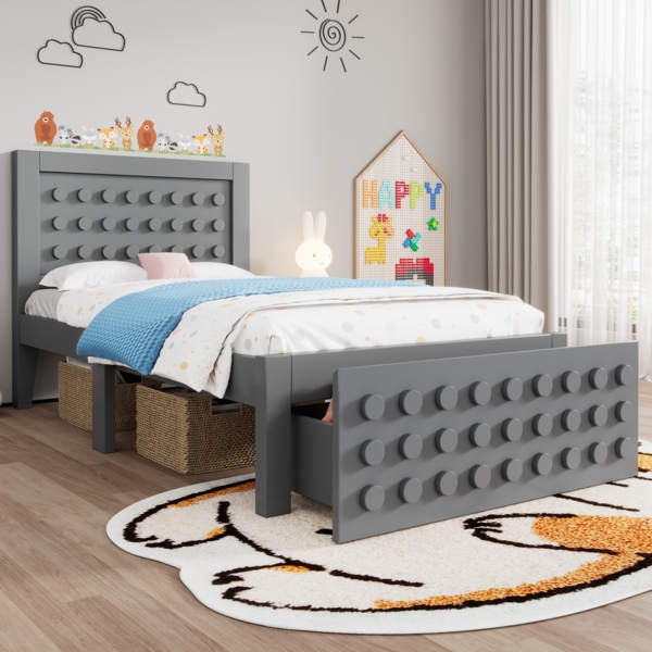 Kinderbett 90x200 cm mit Schublade & Anti-Kollisionsdesign – modernes MDF Massivholzbett mit Stauraum,Weiß