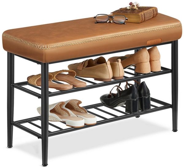 Vasagle EKHO Kollektion - Schuhregal, Sitzbank, Sitztruhe, Kunstleder, Mid-Century-Stil, 30 x 80 x 50 cm, karamellbraun