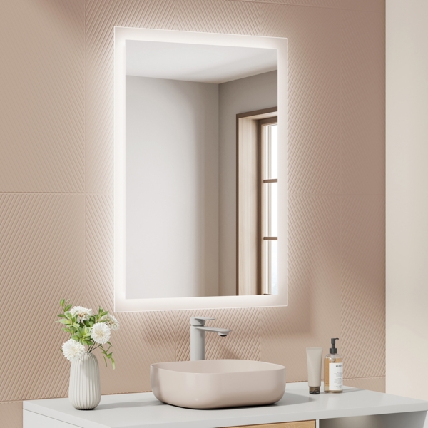 EMKE Badspiegel mit Beleuchtung, 70x50cm, Kaltweißes/Warmweißes Licht, Knopfschalter, Beschlagfrei, Speicherfunktion Bild 1