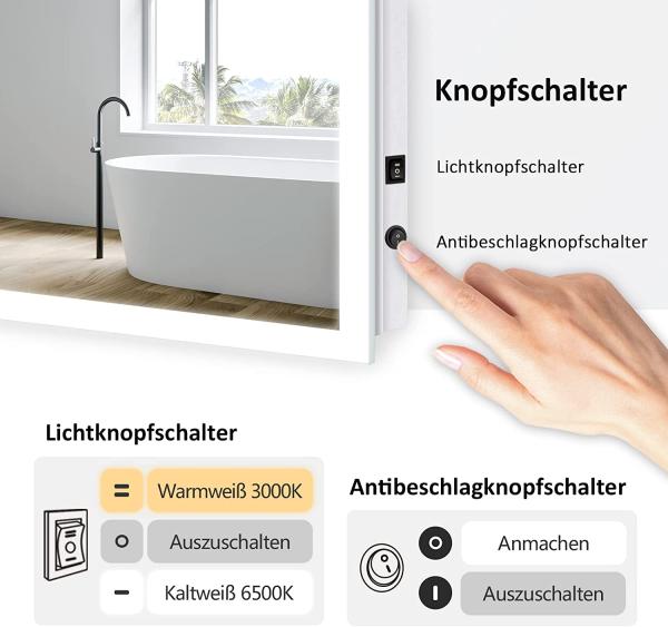 EMKE Badspiegel mit Beleuchtung, 70x50cm, Kaltweißes/Warmweißes Licht, Knopfschalter, Beschlagfrei, Speicherfunktion Bild 2