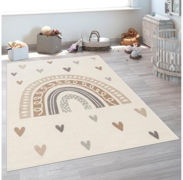 Paco Home Kinderteppich Nino 887, rechteckig, Höhe: 13 mm, Kurzflor, Spielteppich, Motiv Regenbogen & Herzen, Kinderzimmer