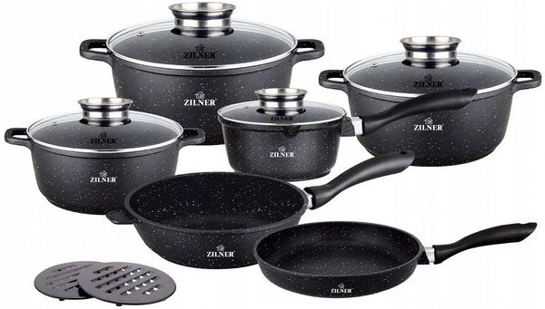 Zilner Topf-Set Schwarze Töpfe in verschiedenen Größen mit Pfannen Steinbeschichtung, Aluminiumguss, Aluminium, Keramik, Edelstahl (1.3L / 2.3L / 3.4L / 4.5L / 6.8L, 12-tlg, Es ist eine perfekte Geschenkidee für jeden Anlass. Bestseller-Topfset), Innov...