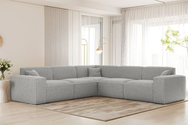 Ecksofa Designersofa CELES PREMIUM in Stoff Sven Hellgrau Seite Universal