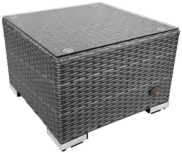 RS Trade® 'Toscana' Polyrattan Beistelltisch mit verstärktem Alu-Gerüst und Temperglas Tischplatte, mit Spannbändern und höhenverstellbaren Standfüßen, grau