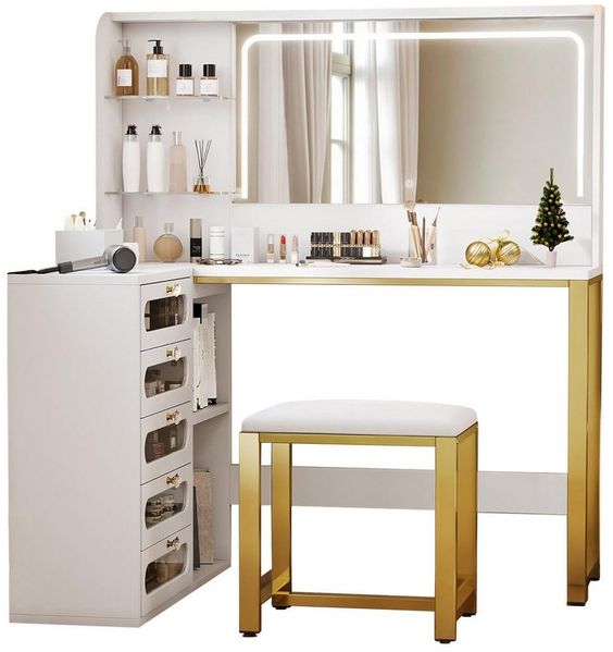 Gdood Schminktisch LED Ablagetisch, Frisiertisch set, Eckschreibtisch (1-St, 120x80x135 cm), Mit Hocker, LED-Beleuchtung Spiegel, 5 Schubladen, Lagerregal