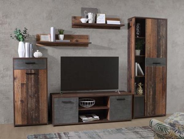 Wohnwand >Papagena< in Vintage / Beton - 277,4x182,9x39,5cm (BxHxT)
