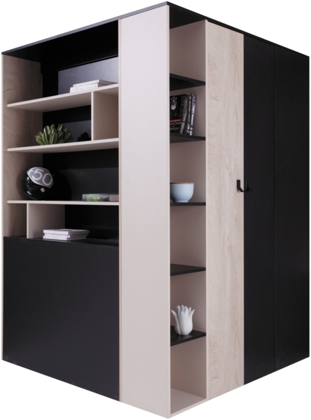 Eckkleiderschrank Cinga 01 L / P (Farbe: Schwarz / Eiche + Beige, mit weißer LED Beleuchtung)