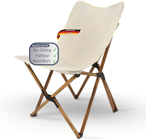 Campingstuhl Faltbar bis 120kg MILIA - Klappmechanismus | Leichter Angelstuhl Klappbarer Stuhl klein für Camping, Festivals oder Park, Creme