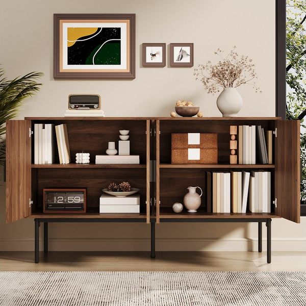 Merax Sideboard mit 4 Türen, Rattanfurnier und Walnussholz-Optik (1 St, Aufbewahrungsschrank Anrichte), Kommode mit Stauraum, gedämpften Scharnieren & Stahlbeinen,140×40×80cm