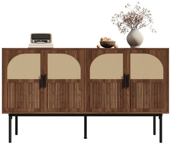 Merax Sideboard mit 4 Türen, Rattanfurnier und Walnussholz-Optik (1 St, Aufbewahrungsschrank Anrichte), Kommode mit Stauraum, gedämpften Scharnieren & Stahlbeinen,140×40×80cm