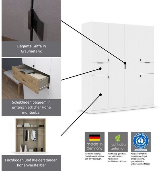 rauch Drehtürenschrank Kleiderschrank Schrank Garderobe Wäscheschrank TICAO mit 2 Schubladen die in der Höhe variabel positioniert werden können MADE IN GERMANY Bild 3