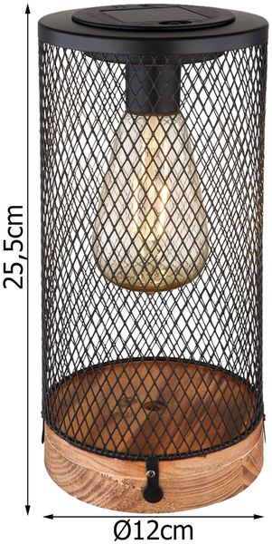 LED Solar Tischleuchte, Holz, Metallgitter schwarz, H 25,5 cm Bild 3