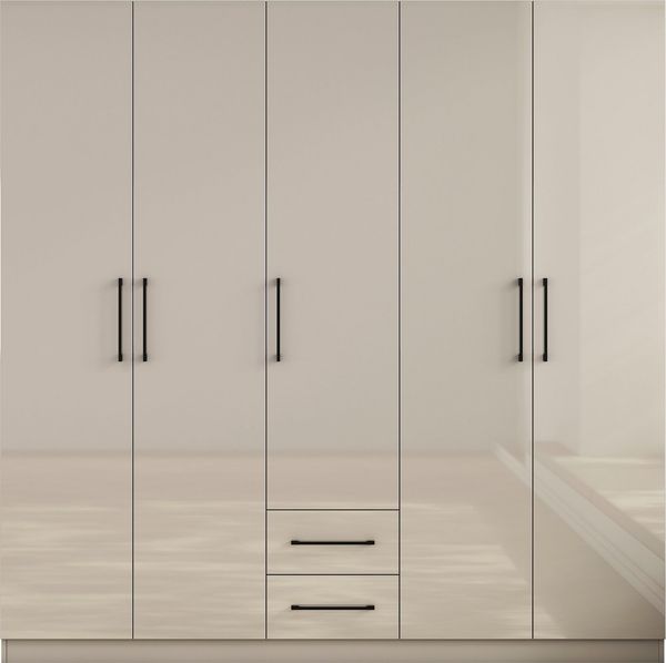 OTTO home Kleiderschrank Sylt Schlafzimmerschrank Garderobe Schrank in hochglanz weiß (5 Türen, 2 Schubladen, schwarze moderne Griffe, 7 Einlegeböden) Drehtürenschrank mit perfekter Innenausstattung, Breite 200cm