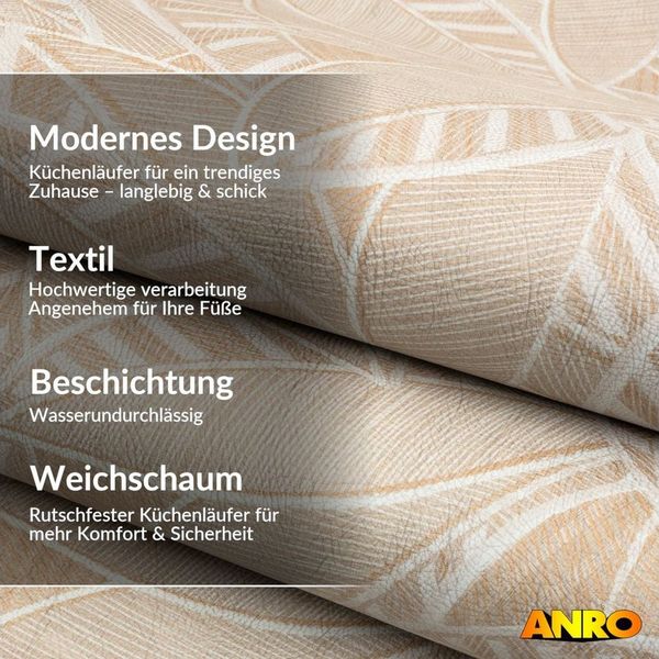 ANRO Küchenläufer abwaschbar Blätter LADY Läufer stark pflegeleicht Küchenteppich, Rechteckig, Höhe: 3 mm, robust schmutzabweisend 67x100cm Botanical Beige robust