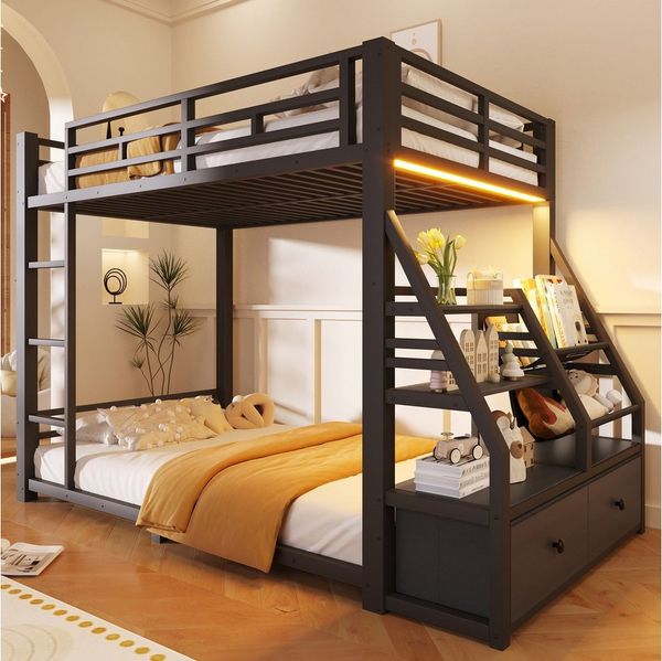 Flieks Etagenbett, Metall Kinderbett 90x200 cm mit LED-Beleuchtung und seitlichem Stauraum