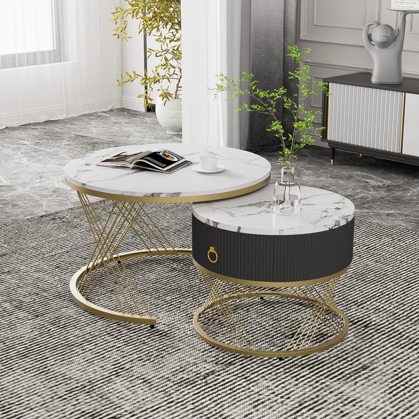 Couchtisch 2er Set 70×70+50×50 cm, Beistelltisch mit Schublade, Sofatisch in Marmoroptik Weiß