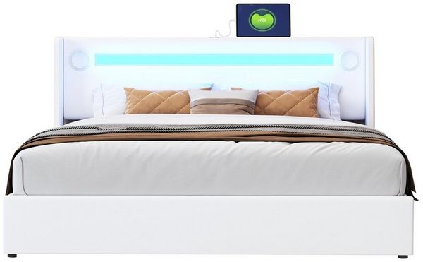 REDOM Polsterbett Stauraumbett mit LED-Lichtleiste, Bluetooth-Player und USB-Aufladung (Kunstleder-Aufbewahrungsbett, Hochbettkasten, Jugendbett mit Lattenrost, 160x200 cm), ohne Matratze
